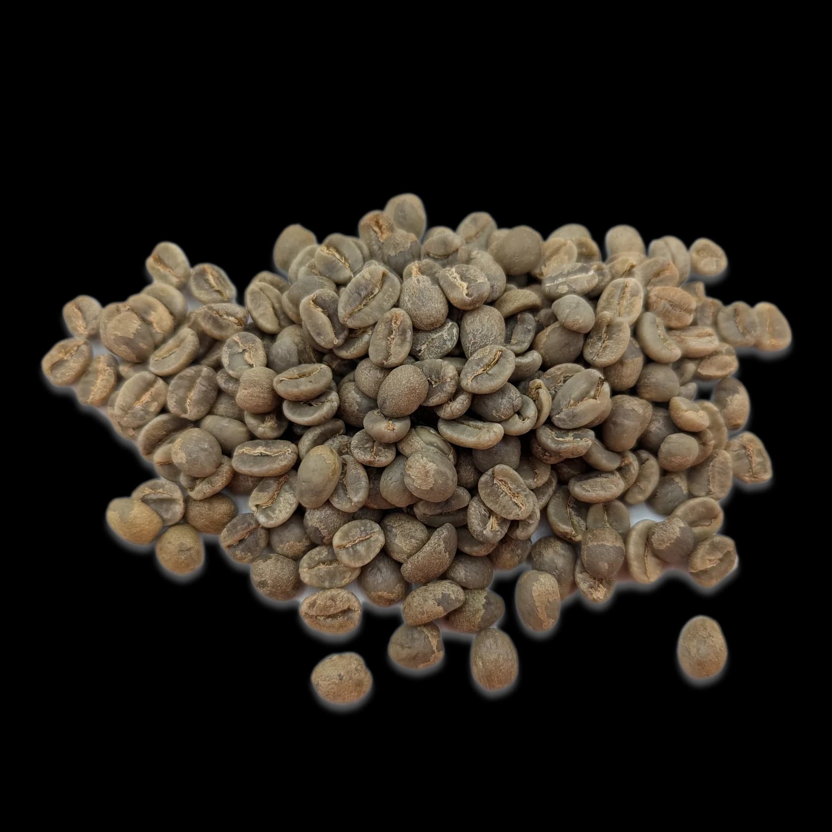 Top-down view of Nyaliko washed Ugandan Arabica green beans on a white background