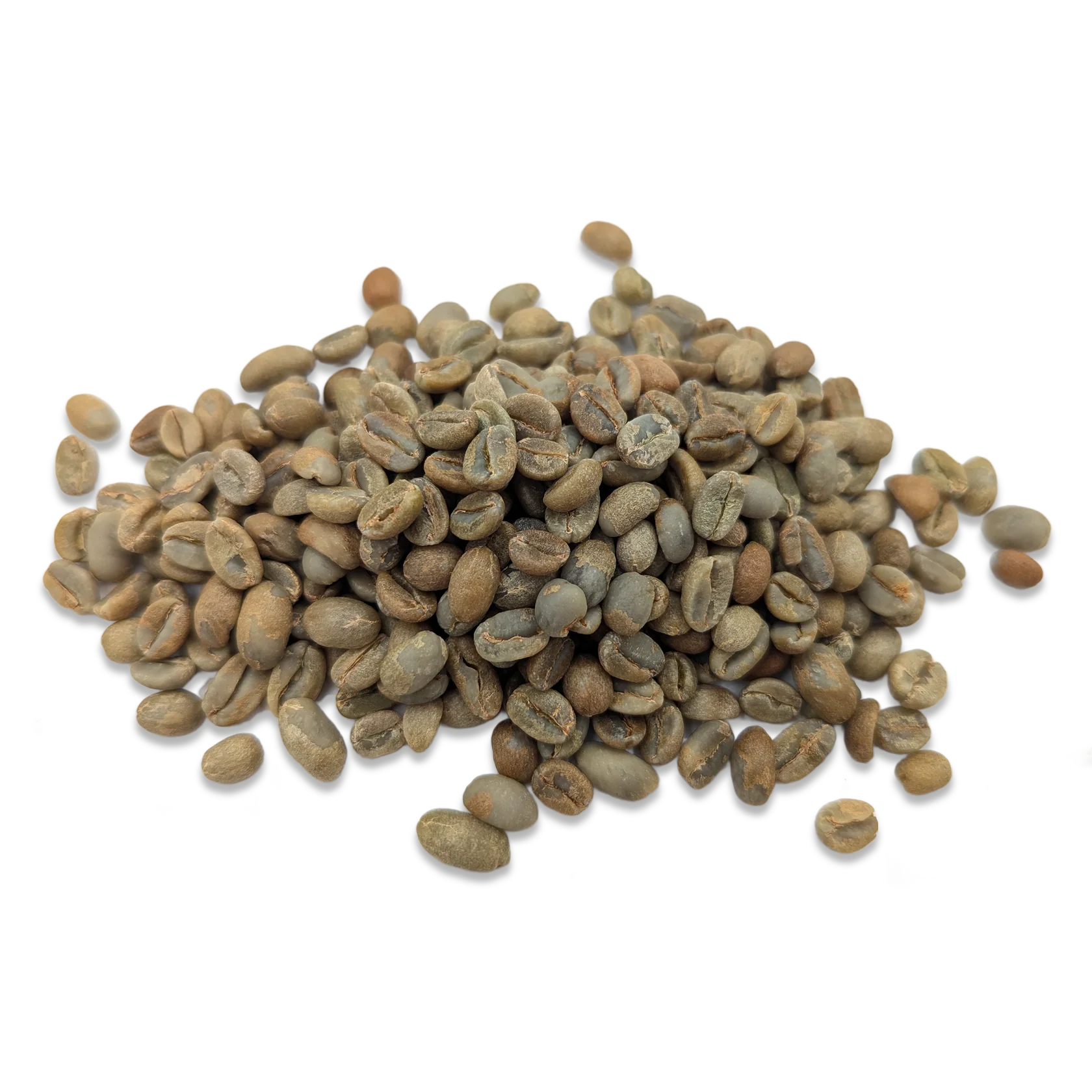Top-down view of Nyaliko natural sun-dried Ugandan Robusta green beans on a white background