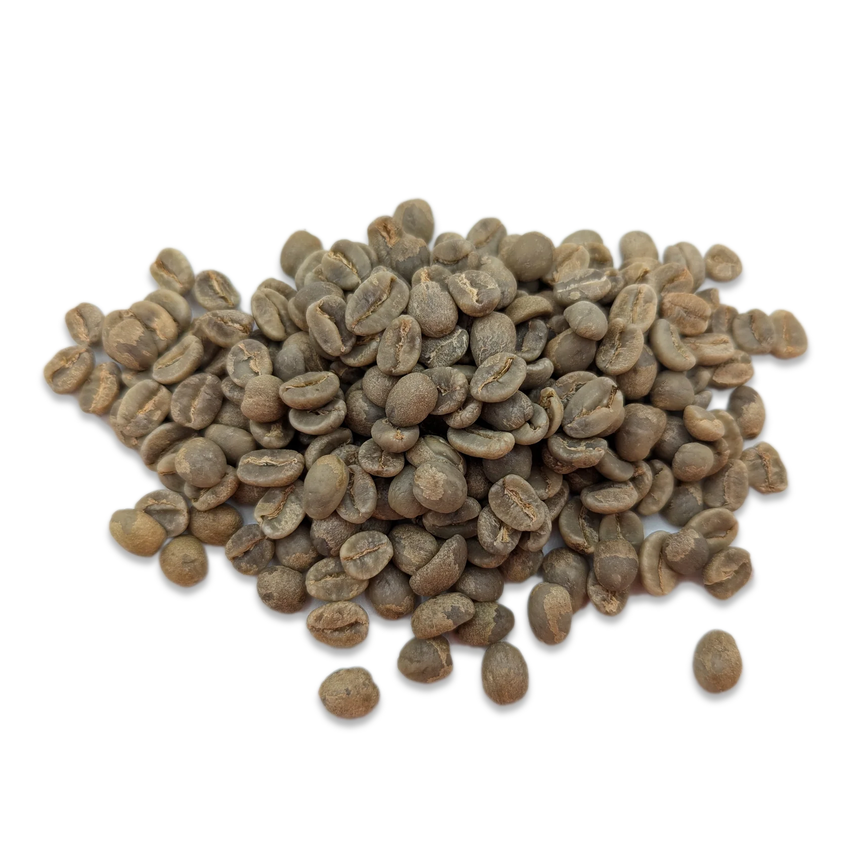 Top-down view of Nyaliko washed Ugandan Arabica green beans on a white background