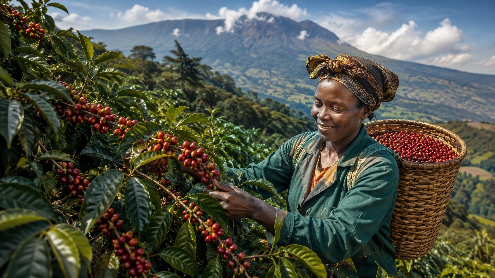 A Ugandan farmer hand-picking ripe coffee cherries in the highlands